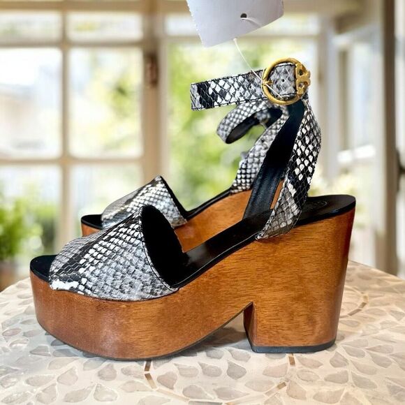 TORY BURCH $425 Camilla Wedge Sandals Women’s 6.5 Snake Print Platform Wood Heel - Picture 15 of 16